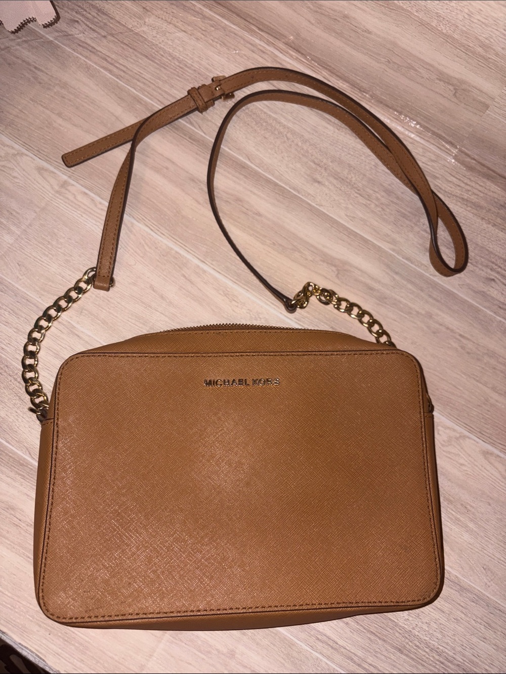 Michael Kors Tan Saffiano Leather Crossbody with Gold Chain